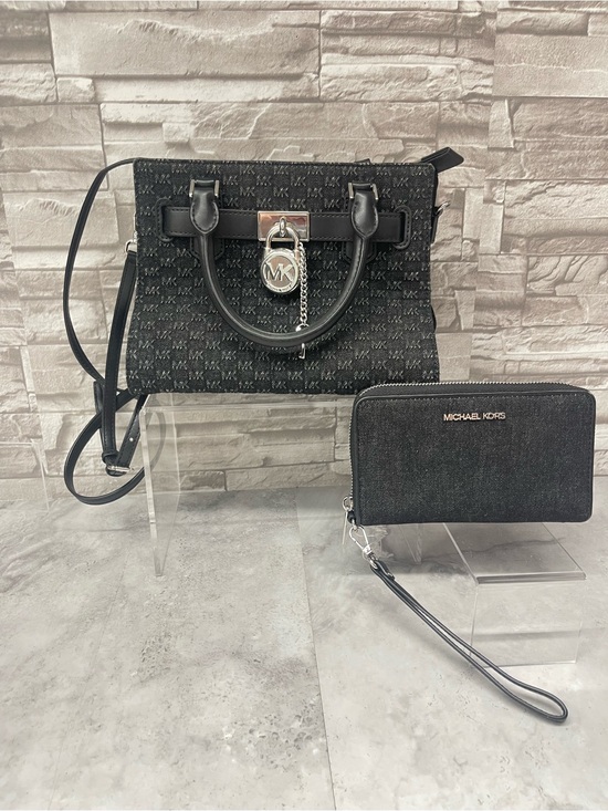 Michael Kors Handbags - Michael Kors Hamilton Small Black Denim Logo Satchel & Matching Wallet